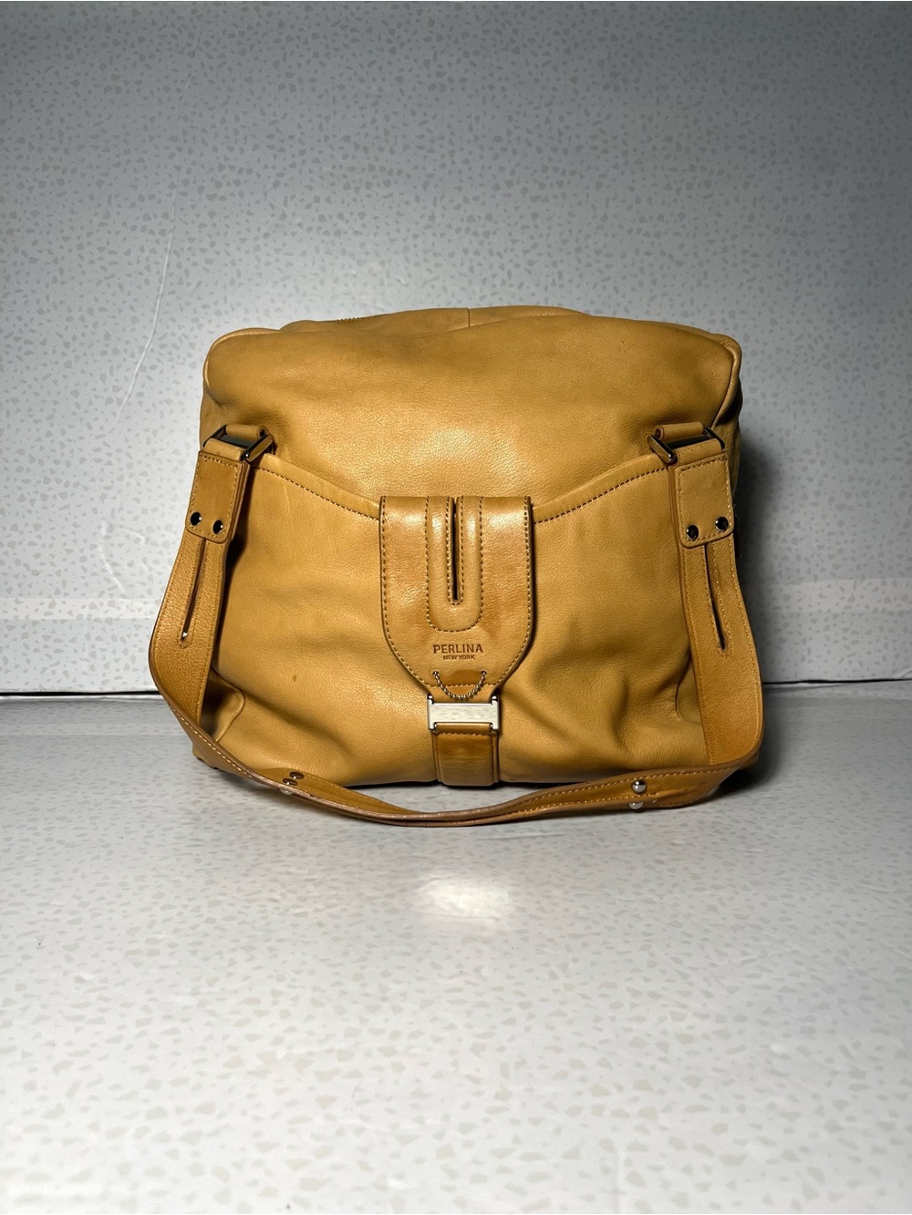 Perlina Tan Leather Shoulder Handbag (Read First)
